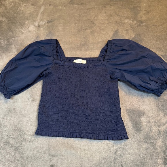 LOFT Tops - LOFT Smocked Puff Sleeve Blouse Womens Small Navy Blue Square Neck Ruffle